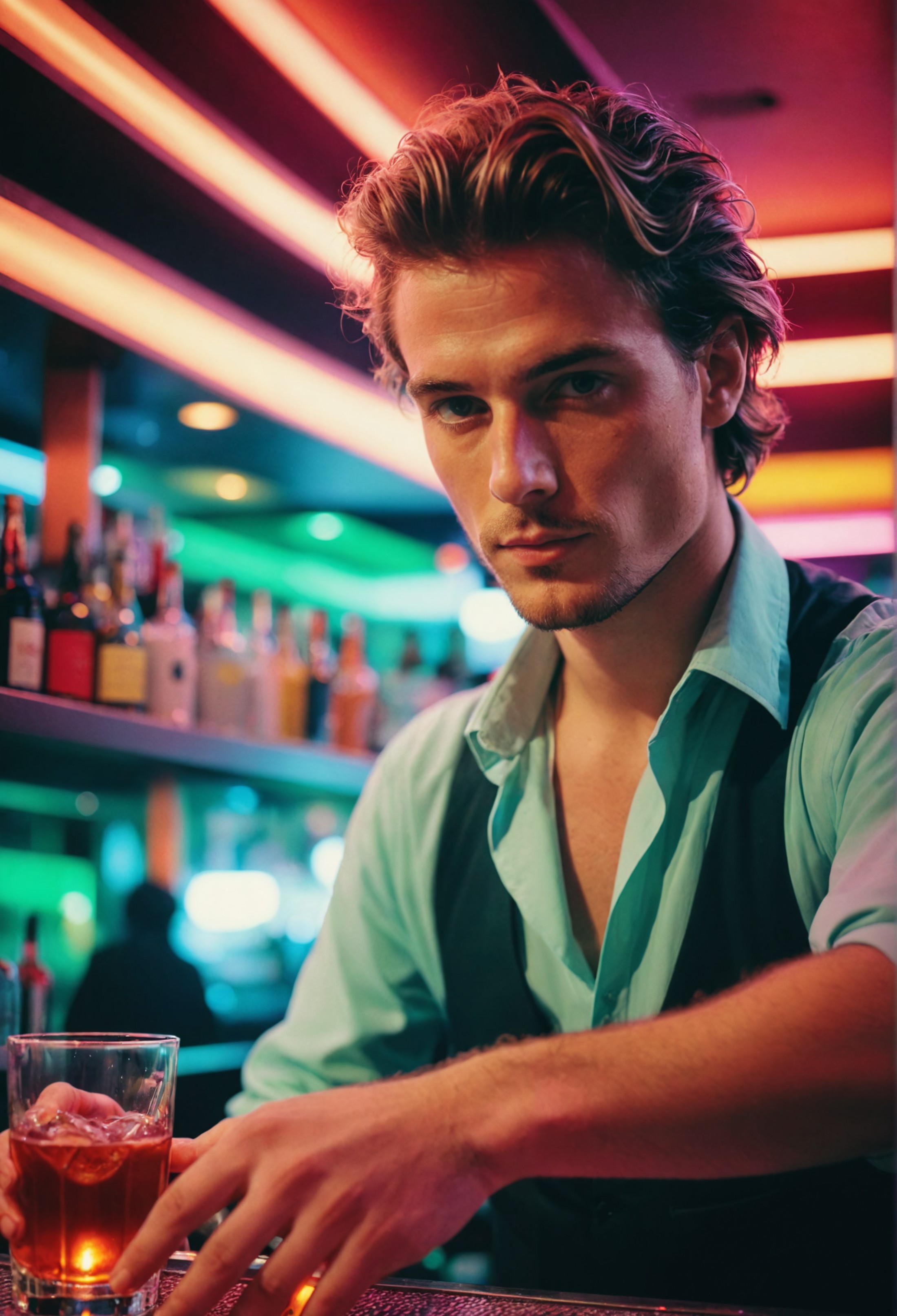 hyperdetailed photograph, neon ambient light, a bartender in a nightclub, analog film, amateur photography, overexposed, s...